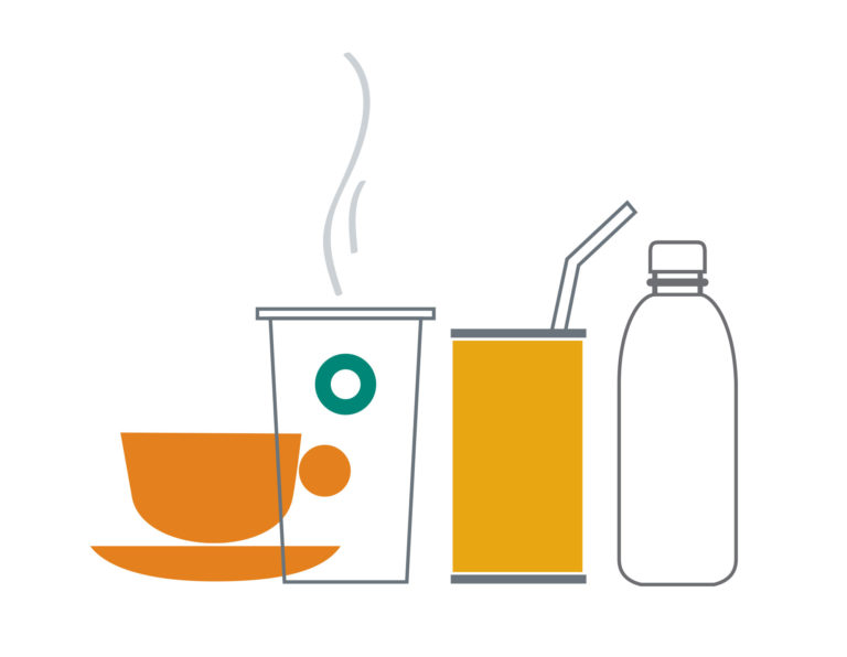 illustration of coffee cup, Starbucks cup, soda can and water bottle
