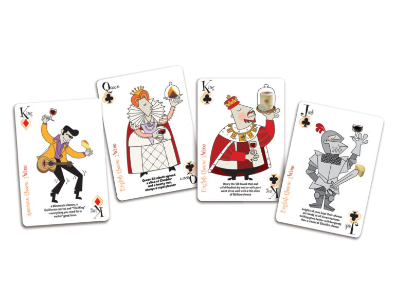Cartoon playing cards with wine and cheese pairings
